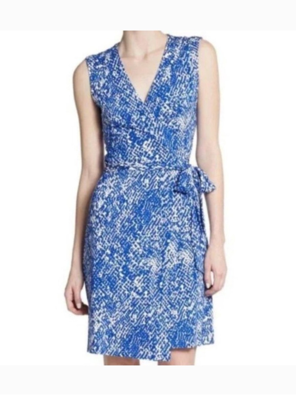 Diane Von Furstenberg Blue and White Printed Wrap-Style Mini Dress